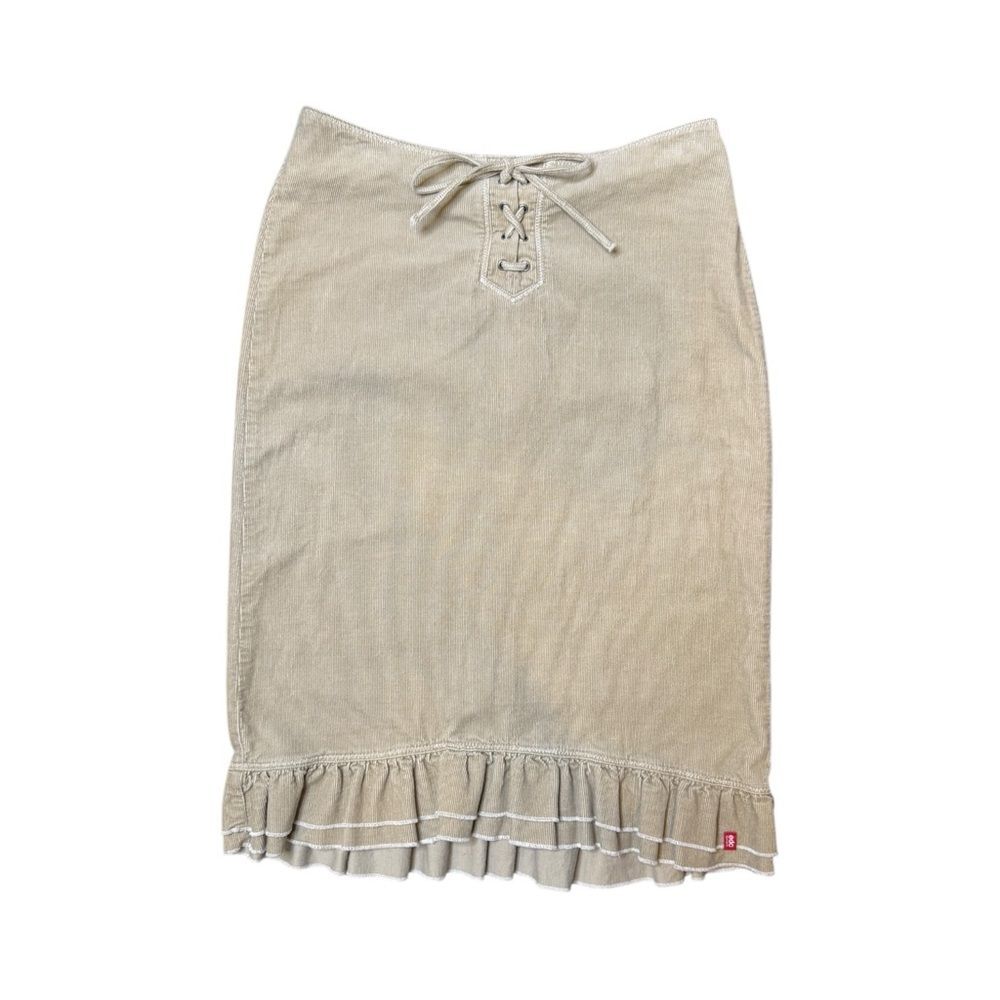 Y2K EDC By eSpirit Corduroy Laceup Beige Khaki Ruffle Midi Skirt Size Five